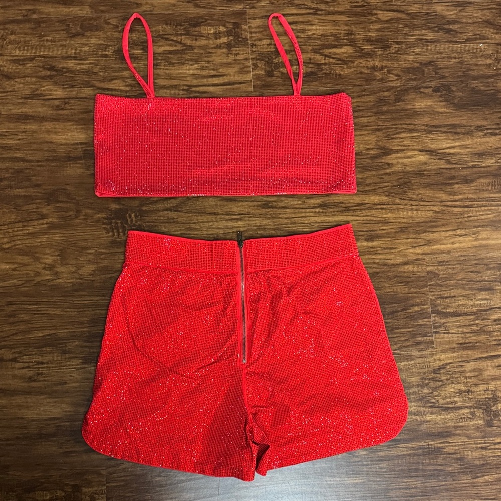 AKIRA 1X Red High Rhinestonr Waist Shorts Set